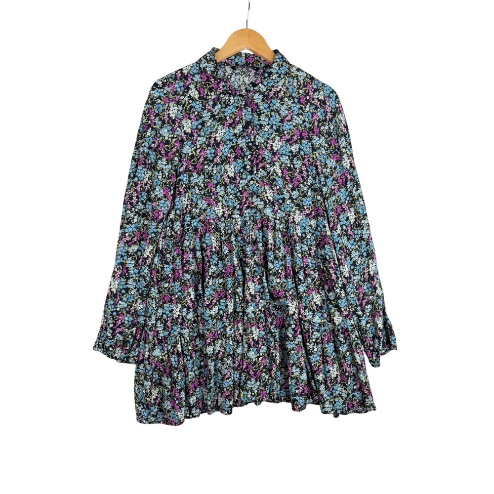 Zara Collared Tiered Floral Print Mini Dress size Medium Black/Blue/Pink